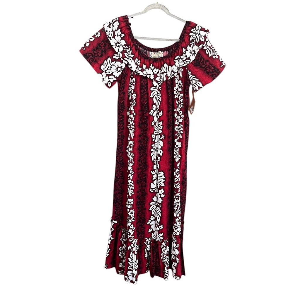 Royal Creations Hawaiian Maxi Dress Red, Black & White Print